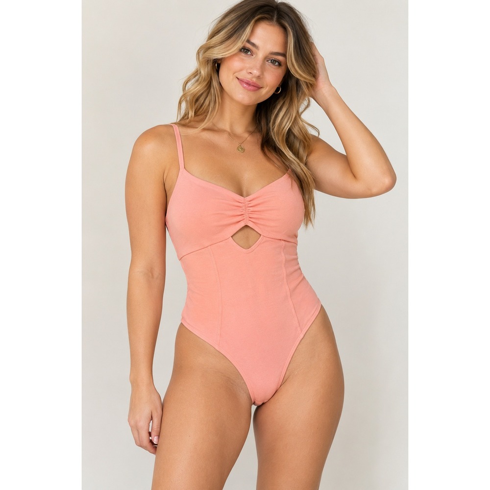 Colsie Bodysuit Women Large Peach Coquette Keyhole Cutout Open Back Thong
